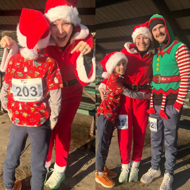 US Road Running race day photo with runners, walkers, finisher medals, and race staff
